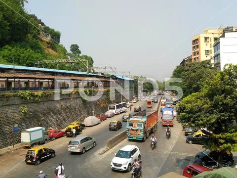 High angle View of moving Road street traffic, Mumbai city Maharashtra India Stock Photos