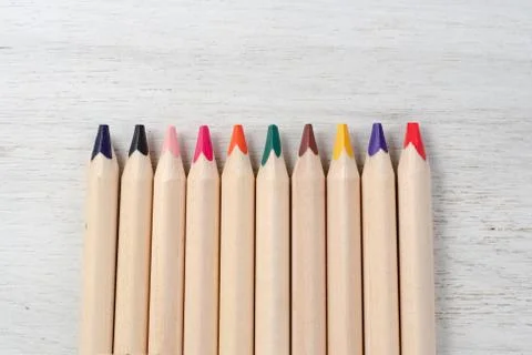 High angle view of multi colored wooden pencils  on table. Stock Photos