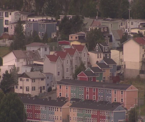 High angle view of multicolored houses in hillside fishing village. Stock Footage 86699210