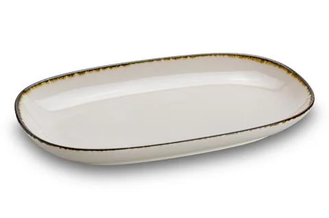 High angle view of new empty brown ceramic tray with dark edge. 스톡 사진