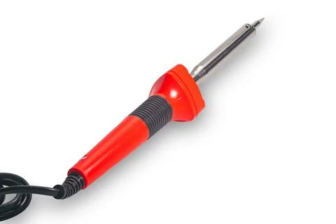 High angle view of new modern red handle soldering iron with black cable. Photos