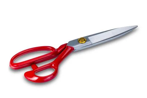 High angle view new red handle stainless steel scissors. Photos