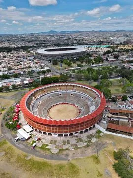 High-Angle View of Nuevo Progreso Bullring and Jalisco Stadium, Guadalajara 写真素材