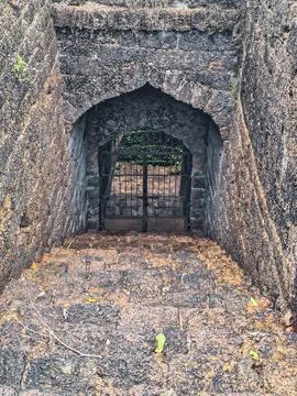 High angle view of an old arched passageway and stone steps in Mirjan Fort. Stock Photos