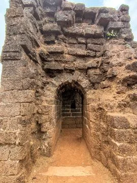 High angle view of an old arched passageway and stone steps in Mirjan Fort. Stock Photos