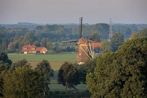 High angle view of old dutch windmill in rural landscape. Stock Photos