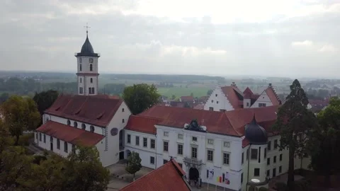 High angle view on an old palace surrounded by trees with the view on the valley Stock Footage 138138511