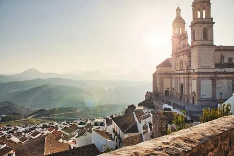 High-angle view of Olvera in Andalucia, Spain showing the church Stock Photos