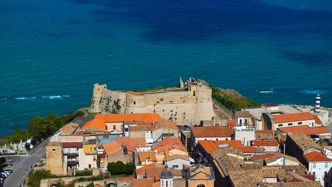 High-angle view of Ortonas heritage streets framed by blue sky and gentle w.. Stock-Fotos