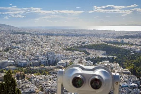 High angle view over Athens with Panathenaic Stadium in the distance Stock Photos