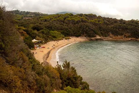 High angle view over Barabarca Beach, a free sandy beach situated near village Stock Photos