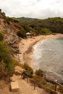 High angle view over Barabarca Beach, a free sandy beach situated near village Stock Photos