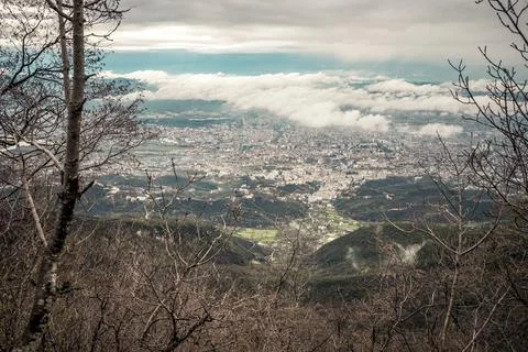 High angle view over cloudy Tirana in Albania Stock Photos