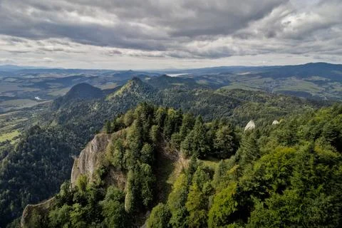 High Angle View over Dense Evergreen Mountain Forest and Peaks Stock Photos