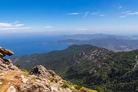 High angle view over entire island of Elba at summit station of Monte Capanne Stock Photos