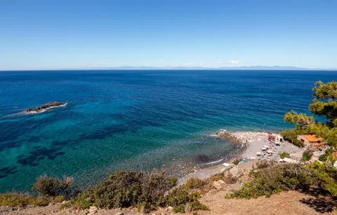 High angle view over famous Relitto beach near Pomonte perfekt for snorkeling Stock Photos