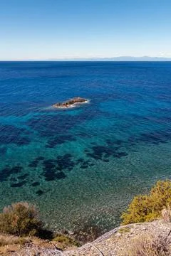 High angle view over famous Relitto beach near Pomonte perfekt for snorkeling Stock Photos
