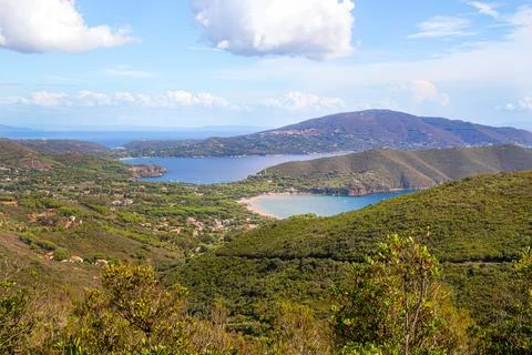 High angle view over gulf of Lacona and peninsula of capo stella Elba Stock Photos