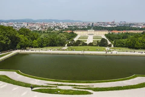 High angle view over the large Schoenbrunn Palace park in Vienna, Austria. Photos