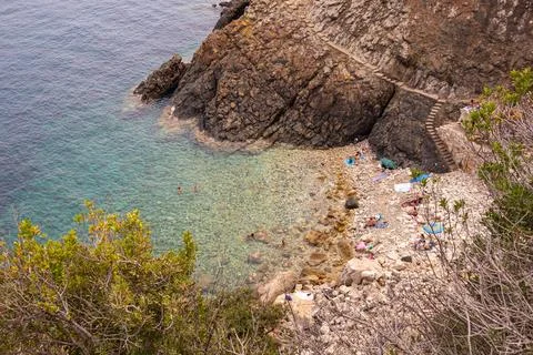 High angle view over little Crocetta beach, situated near Marciana Marina, Elba Stock Photos