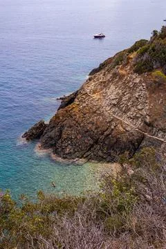 High angle view over little Crocetta beach, situated near Marciana Marina, Elba 写真素材
