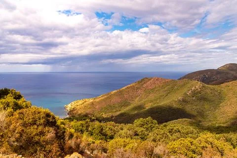 High angle view over little Nisportino beach, situated on North-Est coast of 写真素材