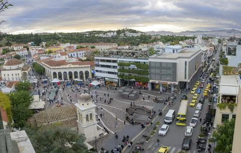 High angle view over Monastiraki Square and surroundings in Athens, Greece Stock Photos