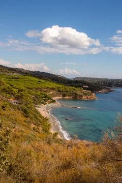 High angle view over Norsi Beach, dark sand beach situated in the gulf of stella Stock Photos