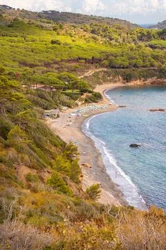 High angle view over Norsi Beach, dark sand beach situated in the gulf of stella Stock Photos