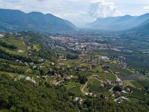High angle view over the old South Tyrolean city of Merano / Meran and the Stock Photos