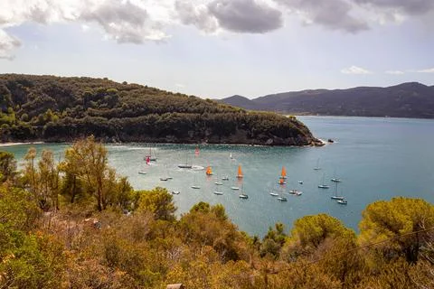 High angle view over sailing boats at bay of Bagnaia Beach, situated in the gulf Stock Photos