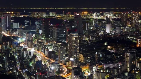 High Angle View over Southeast Tokyo and Tokyo Bay at Night Video stock 76790504