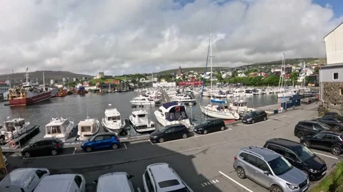 High-angle view over Torshavn marina and harbor skyline, Faroe Islands Vidéo 340159401