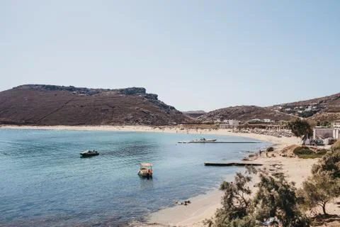 High angle view of Panormos Beach on a bright sunny day, Mykonos, Greece. Stock Photos