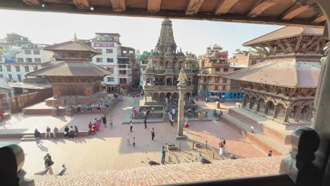 High Angle View of Patan Durbar Square through Carved Window, Lalitpur, Nepal Stock Footage 333298814