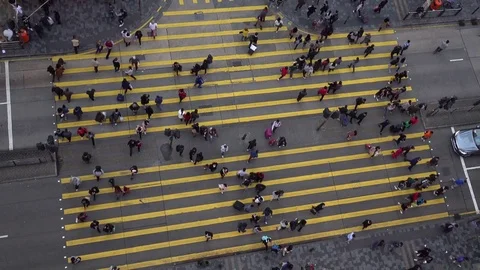 High angle view of pedestrians walking across yellow crossing, Hong Kong Stock Footage 85244792