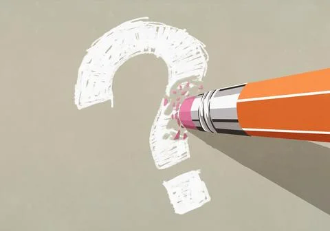 High angle view of pencil eraser erasing white question mark Ilustração Stock