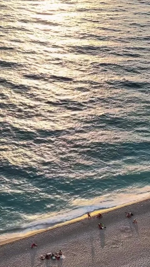 High Angle View of People on Beach at Golden Hour Sunset Stock Footage 339880867