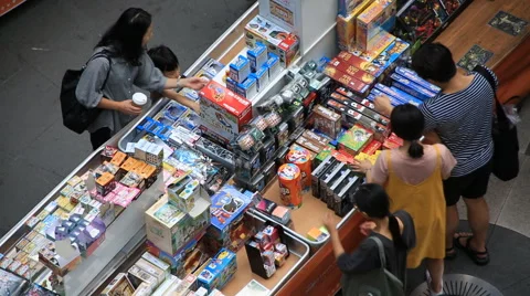 High angle view of people shopping around indoor market Stock Footage 66681437