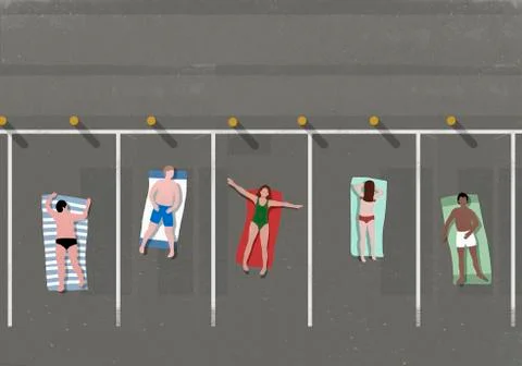 High angle view of people sunbathing in parking lot Illustrazione stock