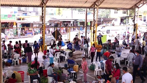 High angle view of people walking around with face masks at a fruit market Stock Footage 153720976