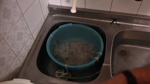 High angle view of a person washing tripe in the kitchen sink Stock Footage 320407468