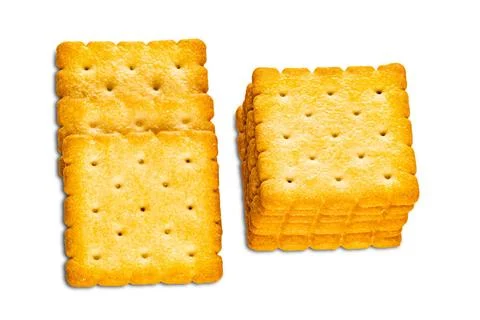 High angle view pile of dry sweet delicious square shape crackers isolated... Stockfoto's
