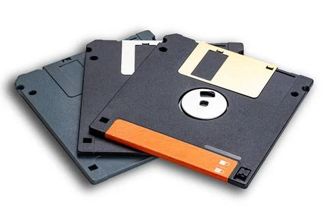 High angle view pile of old storage technology diskette. Stock Photos
