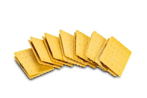 High angle view pile of pineapple cheese shake biscuit on white background. Stock Photos