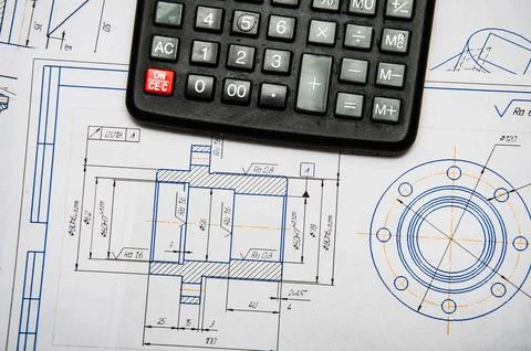 High angle view on the plan of electrical installation with calculator Stock Photos