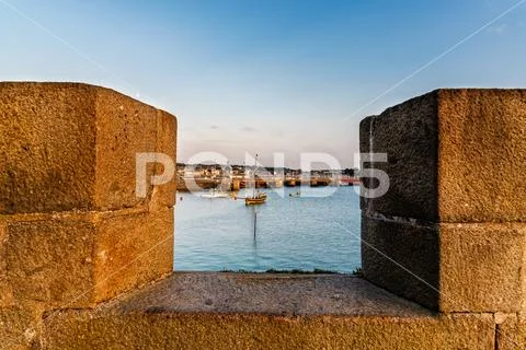 High angle view of the port of Saint-Malo at sunset Stock Photos