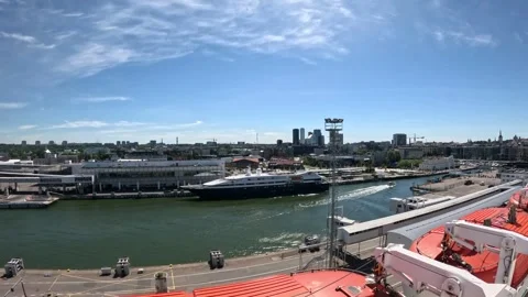 High angle view of Port of Tallinn harbour and city skyline from ferry ship deck Stock Footage 340329612