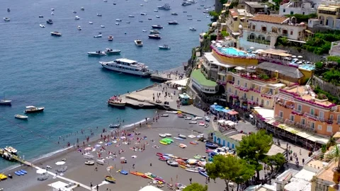 High angle view of Positano Beach in Positano, Amalfi Coast, Italy. Video stock 275441980