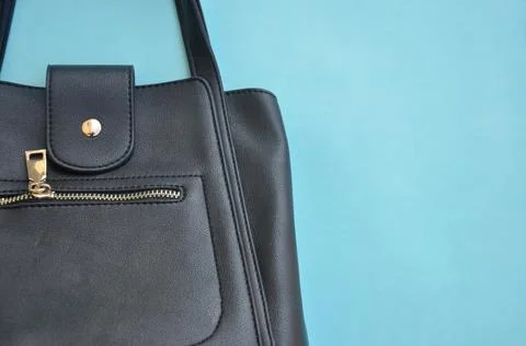 High angle view of premium black color leather handbag with negative space  Photos